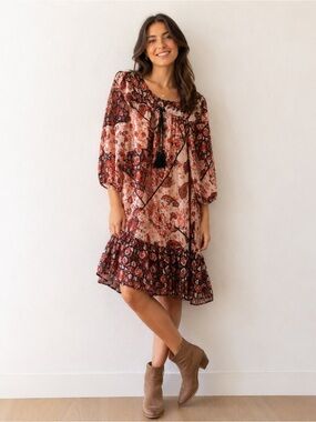 Fifth & Park Paisley Boho Tunic Dress Tassel Tie Ruffled Hem Women's Size 10